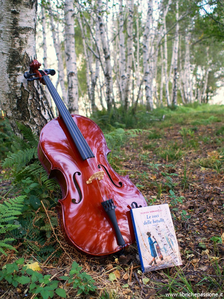 Immagine di un violoncello e del libro "Le voci delle betulle" Di Eloisa Donadelli